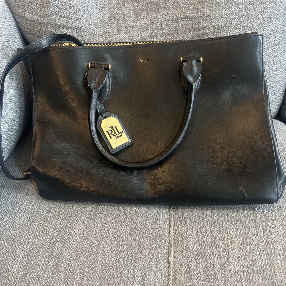 Lauren Ralph Lauren Newbury Satchel Black Patent Leather Double Zipper Purse